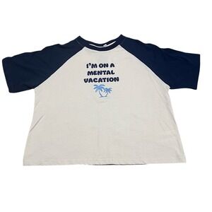 Daisy Street Mental Vacation Raglan Graphic Tee Navy Blue Cream XS NWT Cropped‎